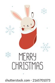Greeting card with christmas bunny in the sock. Festive poster with cute rabbit in the christmas sock.