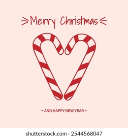 Greeting card with christmas Candy Cane in Heart shape. Holiday hand drawn poster in pink and red colors. Merry christmas and happy new year