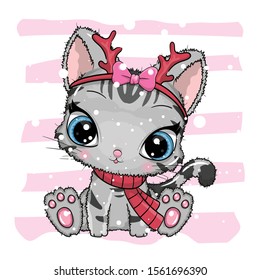 Greeting card Christmas cats. cute cat on the snow