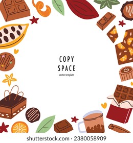 Greeting card for christmas, chocolates, candies and desserts composition, square template with copy space, vector arrangement with cocoa, truffles for Valentines, poster graphic design