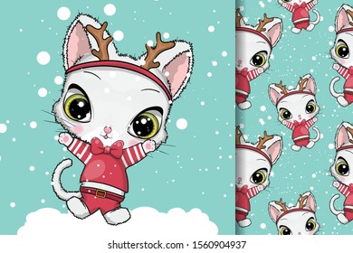 Greeting card Christmas with cute cat. Funny cat. Design for party card, print, poster. Pet vector illustration. Cartoon doodle animals images. Hand drawn character