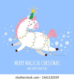 Greeting card with Christmas cute magic unicorn. Winter season. Vector illustration