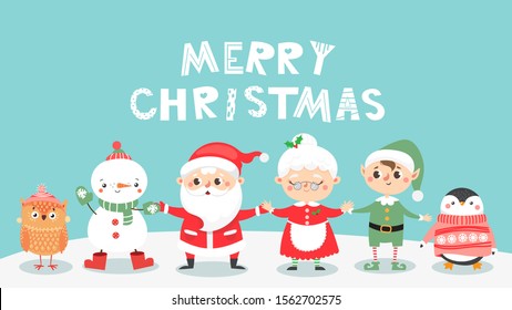  Greeting card with Christmas cute personages. Santa clause and Mrs. Clause and their friends. Snowman, elf, ow and penguin. Happy holiday. Vector illustration