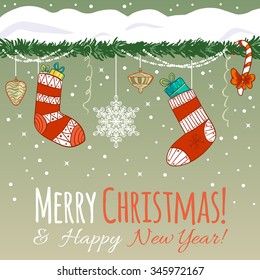 Greeting card with Christmas decoration, gifts in socks, vector image, eps10