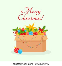 Greeting card with Christmas decorations in a box. Vector illustration.