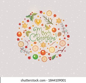 Greeting card with christmas decorations in circle