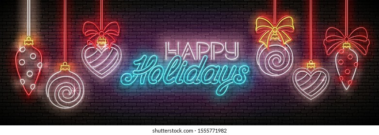 Greeting Card with Christmas Decorations and Inscription. Happy New Year Postcard Template. Shiny Neon Poster, Flyer, Banner, Invitation. Brick Wall. Vector 3d Illustration. Clipping Mask, Editable