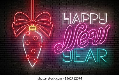 Greeting Card with Christmas Decorations and Inscription. Happy New Year Postcard Template. Shiny Neon Poster, Flyer, Banner, Invitation. Brick Wall. Vector 3d Illustration. Clipping Mask, Editable