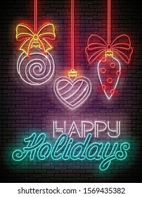 Greeting Card with Christmas Decorations and Inscription. Happy New Year Postcard Template. Shiny Neon Poster, Flyer, Banner, Invitation. Brick Wall. Vector 3d Illustration. Clipping Mask, Editable