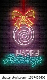 Greeting Card with Christmas Decorations and Inscription. Happy New Year Postcard Template. Shiny Neon Poster, Flyer, Banner, Invitation. Brick Wall. Vector 3d Illustration. Clipping Mask, Editable
