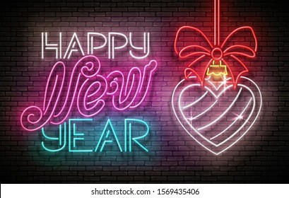 Greeting Card with Christmas Decorations and Inscription. Happy New Year Postcard Template. Shiny Neon Poster, Flyer, Banner, Invitation. Brick Wall. Vector 3d Illustration. Clipping Mask, Editable