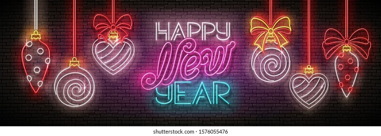 Greeting Card with Christmas Decorations and Inscription. Happy New Year Postcard Template. Shiny Neon Poster, Flyer, Banner, Invitation. Brick Wall. Vector 3d Illustration. Clipping Mask, Editable
