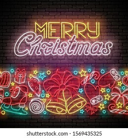 Greeting Card with Christmas Decorations, Santa's Mitten, Candy, Bells and Inscription. Happy New Year Template. Neon Poster, Flyer, Banner. Brick Wall. Vector 3d Illustration. Clipping Mask, Editable