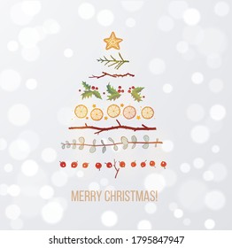 Greeting card with christmas decorations in shape of christmas tree on white glowing background
