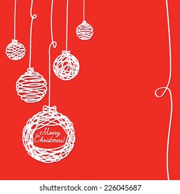 Greeting card with Christmas decorations of white lines on a red background