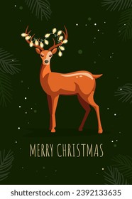Greeting card with Christmas deer. Merry Christmas. Happy new year. Vector illustration