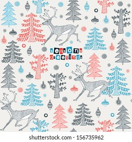 Greeting card, Christmas card with deer and winter forest.