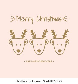 Greeting card with christmas Deers. Holiday hand drawn poster in pink and gold colors. Merry christmas and happy new year