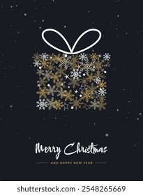 Greeting card with christmas gift box of gold snowflakes. Xmas elements and decorations. Vector illustration. Holliday gold pattern