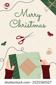 Greeting card with Christmas gift wrapping. A close-up of hands elegantly wrapping Christmas presents with colorful green wrapping paper, ribbons, and bows. Xmas card. Box wrapping vector flat 