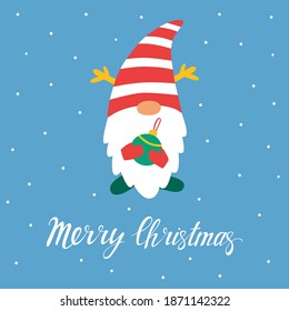 Greeting card with Christmas gnome. Merry Christmas handwritten lettering, Vector xmas illustration. Design for greeting cards and poster.
