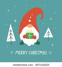Greeting card with Christmas gnome. Merry Christmas handwritten lettering, Vector xmas illustration. Design for greeting cards and poster.