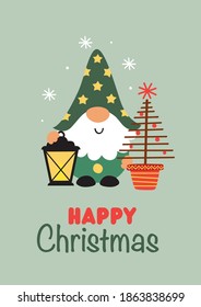 Greeting card with Christmas gnome, Christmas tree and lantern