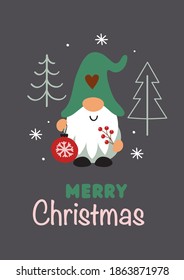 Greeting card with Christmas gnome, Christmas trees and Christmas ball