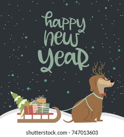 Greeting card for Christmas or Happy New Year with dog. Vector illustration