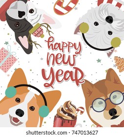 Greeting card for Christmas or Happy New Year with dogs. Vector illustration