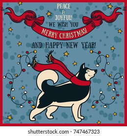 greeting card for christmas and happy new year  with cute smiling husky and retro style decorations, blue and red colors, vector illustration