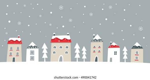 Greeting card for Christmas Holidays. Creative hand drawn card with Snow town. Vector cartoon illustration.