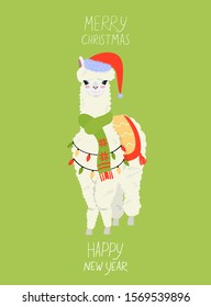Greeting card with christmas llama. Vector graphics.
