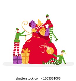 Greeting card - Christmas miniature Elves are packing large gift bag, characters and bright holidays objects like candies, gift boxes, decorative balls or toys - vector composition for card or poster