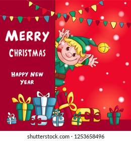 Greeting card for christmas and new year. Cheerful playful elf, a lot of gifts, snowflakes and red background. Vector illustrati