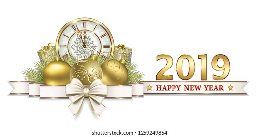 Greeting card for Christmas and the New Year 2019. Christmas balls, watches, fir branches, decorative ribbon with bow. Golden design. Vector illustration