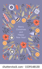 Greeting card for Christmas and New Year in the form of a frame from floral elements and Christmas decorations. Vector image in retro style, template for Christmas design.