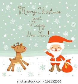 Greeting card for Christmas and New year with Santa and deer
