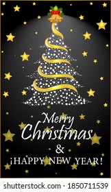 Greeting card for christmas and new year, black background with golden stars, christmas tree made with white circles and bells on top, merry christmas and happy new year on bottom
