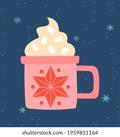 Greeting card for Christmas and New Year with cute cup with hot coffee with marshmallow. Blue background with snowflakes. Postcard with beautiful cup and snowflakes. Flat cartoon vector illustration