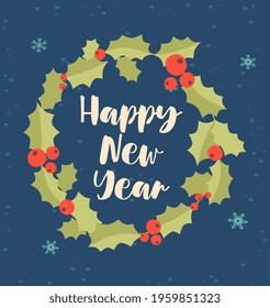 Greeting card for Christmas and New Year with cute happy new year handwriting. Blue background with snowflakes. Postcard with beautiful writing and snowflakes. Flat cartoon vector illustration
