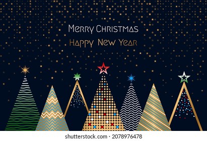 greeting card with Christmas and New Year. Winter forest with stylized Christmas trees, snow and drifts. Xmas and winter holidays concept. vector illustration isolated