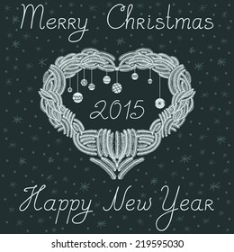 Greeting card for Christmas and New Year. Illustrated by fir wreath and Christmas decorations. Happy holidays!