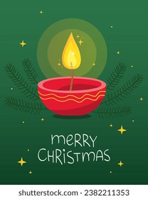 Greeting card for Christmas and New Year. Small red Christmas candle with gold decor. Green background. The inscription "Merry Christmas". Home decor, aromatherapy. Fir tree branches, small gold stars