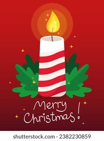 Greeting card for Christmas and New Year. White and red striped candle. Burning Christmas candle with green leaves on a red background. The inscription "Merry Christmas". Vector illustration.