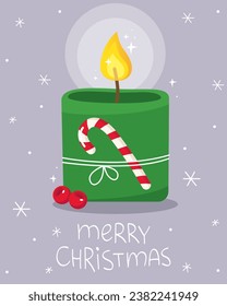 Greeting card for Christmas and New Year. Burning green candle with a christmas candy. Light gray background. Red berries and small white snowflakes.  The inscription "Merry Christmas". 