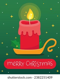 Greeting card for Christmas and New Year. Burning red Christmas candle in candlestick. Green holly leaves, small gold stars. The inscription "Merry Christmas" on the red label.
