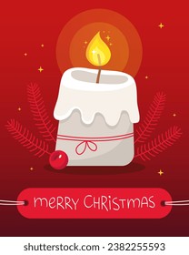Greeting card for Christmas and New Year. Burning white Christmas candle on a red background. Fir tree branches and small gold stars. The inscription "Merry Christmas" on the red label.