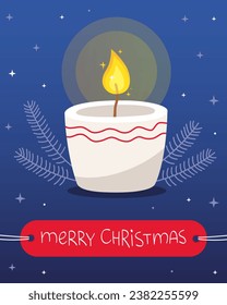 Greeting card for Christmas and New Year. Burning white Christmas candle on a blue background. Fir tree branches and small white stars. The inscription "Merry Christmas" on the red label.