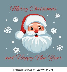 Greeting card Christmas and New Year background. Symbols of winter holidays celebration snowflakes, cheerful Santa Claus. Merry Christmas and Happy New Year text. Vector illustration.